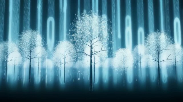 Digital Woodland: A mesmerizing blend of nature and technology in binary code forest
