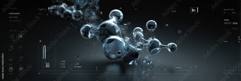 Poster creative depiction of molecular structures with digital graphs and abstract elements showcases advan