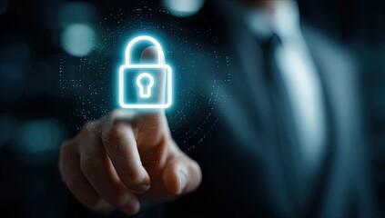A person's finger hovers over a glowing, digital lock graphic