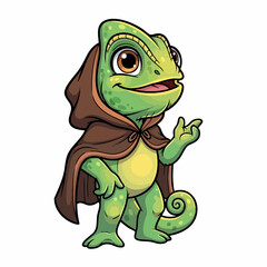 Fototapeta premium Cute cartoon chameleon character wearing a brown cloak.