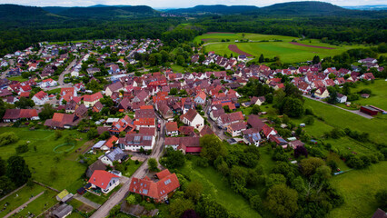 Aerial view of the old town village Zaisersweiher in Germany on a late sunny day in summer
