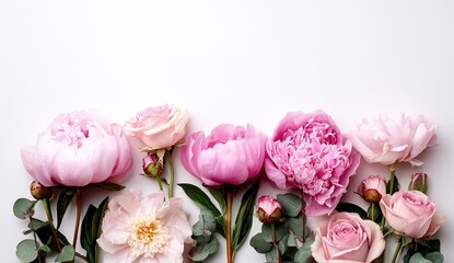 Pastel pink peonies and roses, flat lay arrangement