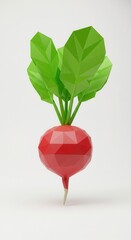 A low-poly radish with vibrant green leaves stands out against a plain white background.