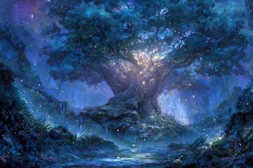 Obraz premium Glowing Ancient Tree In A Magical Forest At Night