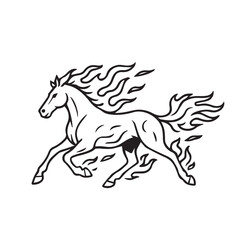 Vector illustration of a fire horse in lunar theme, black and white with bold black outline, symbolizing power, mystery, energy, strength, and spirit.