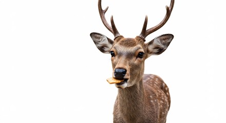Fototapeta premium Gentle deer delicately enjoys a treat against bright white background. AI Generated
