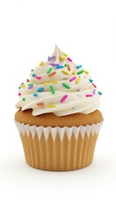 A delectable, light-cream-topped cupcake, adorned with colorful sprinkles, is showcased against a plain white background.