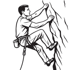 Vector design of a man performing cliff climbing in simple black and white, accented with heavy black outline, symbolizing adventure, risk, determination, and resilience.