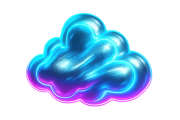 Blue and purple cloud computing icon glowing on a transparent background, ideal for digital design projects