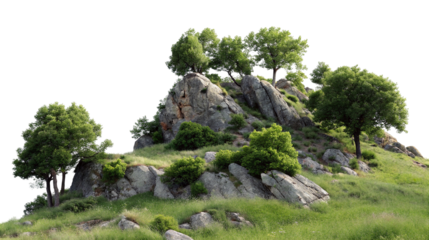 Scenic mountain landscape with rocks and green trees under a clear sky providing natural beauty