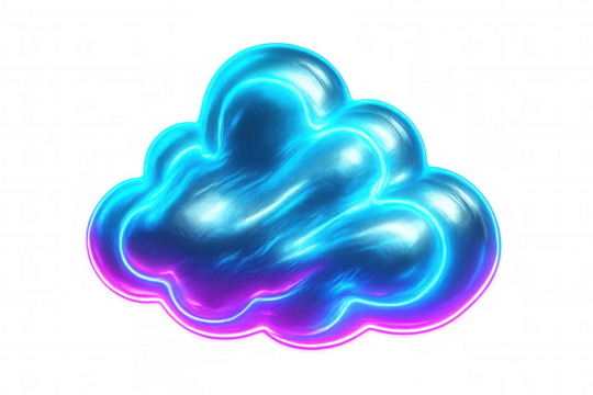 Blue and purple cloud computing icon glowing on a transparent background, ideal for digital design projects