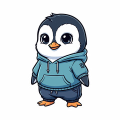 Cute cartoon penguin wearing a blue hoodie and pants.