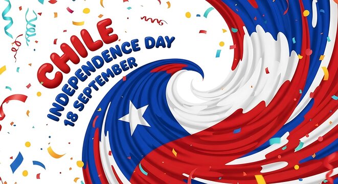 Chile Independence Day Celebration: Festive Flag Design with Confetti and Typography.