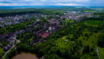 Aerial view of the old town city and monastery Maulbronn in Germany on a late sunny day in summer. 