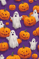 Whimsical Halloween Scene with Ghosts and Pumpkins on a Purple Background, Perfect for Festive Decor