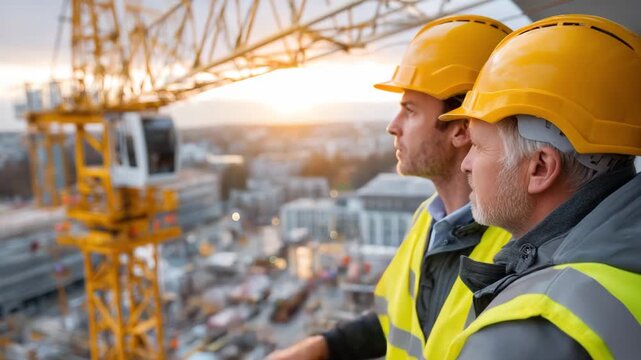 Construction Visionaries: Two seasoned construction workers, clad in safety gear, gaze upon a cityscape. The golden hour bathes the scene in a warm light as they survey the ongoing construction.