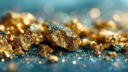 Sparkling gold nuggets dusted with shimmering teal glitter create a luxurious, rich texture against a soft, blurred background, evoking wealth and glamour.