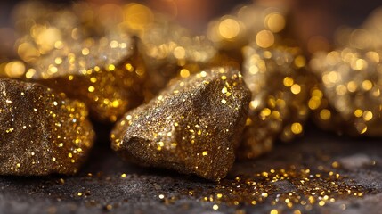 Glistening gold nuggets sparkle with rich texture and warm bokeh, evoking luxury, wealth, and precious treasures for premium projects