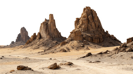 Scenic view of majestic rocky formations in a barren desert landscape under a pitch black sky
