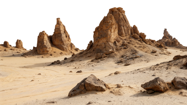 Dramatic rock formations in arid desert landscape with towering structures under clear blue sky