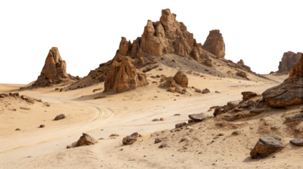 Majestic sandstone formations in the vast arid desert landscape with a clear deep black background sky