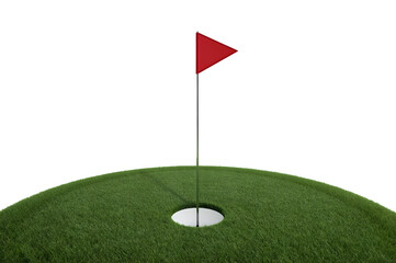 Red golf flag on green putting surface, isolated