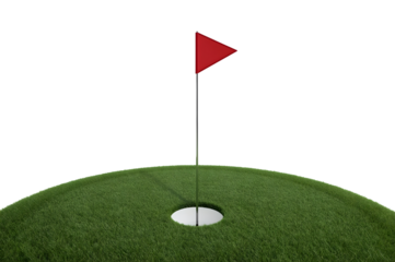Red golf flag on green putting surface, isolated