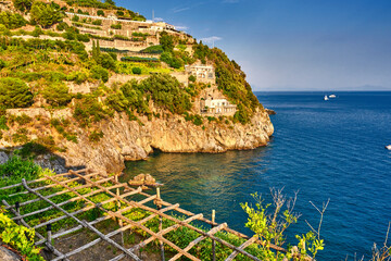 Amalfi Coast Italy Scenery, Terraced Hillside View, Azure Sea