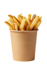 Golden french fries in a brown paper cup