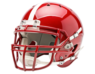 Red football helmet with white stripes and facemask perfect protection for safety sports enthusiasts