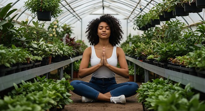 Balance, breathing and young woman by plants for zen meditation in a greenery nursery. Breathe, gratitude and young African female person with a relaxing peace mindset by an indoor greenhouse garden.