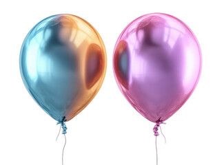 Two shiny, reflective balloons, one light teal/orange and the other light pink/rose gold,  stand side-by-side against a black background. 