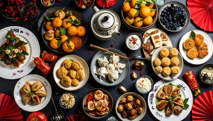 Fototapeta premium table with plates of food and red fans on it