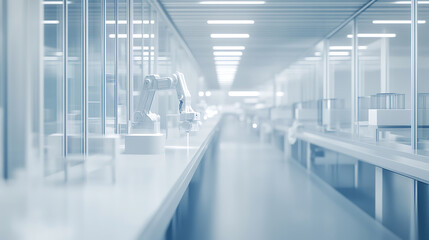 Modern Laboratory with Robotic Arm and Glass Enclosures