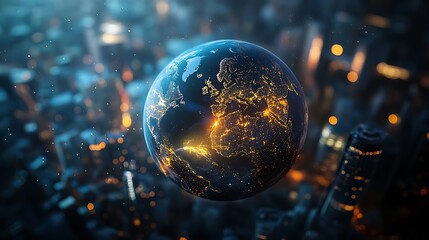 Globe with city lights over blurred cityscape background showing europe and north america views