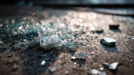Shimmering glass shards catch sunlight on gritty surface, creating a textured, abstract backdrop with soft bokeh highlights