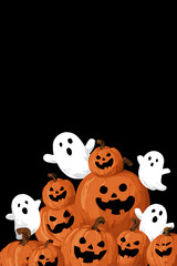 Obraz premium A playful Halloween scene featuring cheerful ghosts and carved pumpkins stacked together
