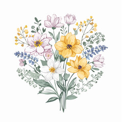 Elegant botanical illustration of a vibrant wildflower bouquet featuring yellow, pink, and white blossoms with delicate foliage, created in a beautiful watercolor style