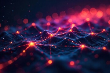 Fototapeta premium Abstract network of glowing nodes and lines forming a complex web, representing the interconnectedness of ideas and information in a digital thought landscape , brain, complexity