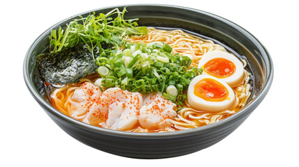 Bowl of Ramen Noodles with Egg and Green Onions isolated on a Transparent or white Background