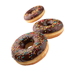 Chocolate glazed donuts with colorful sprinkles in a creative diagonal arrangement on black back
