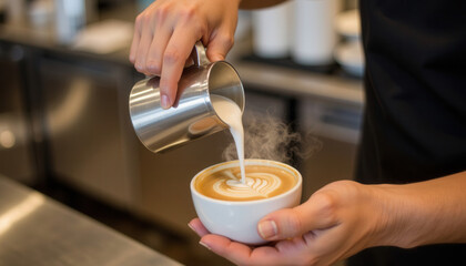 Barista pouring steamed milk into coffee cup for latte art  