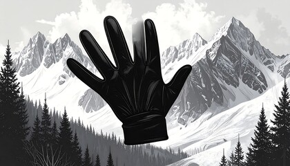 A black leather glove reaching out against a backdrop of snowy mountains and forest.