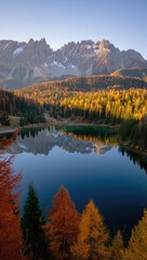 Fototapeta premium Autumn Forest Reflected in a Calm Mountain Lake fall