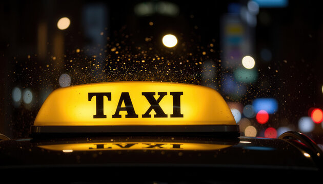 Yellow taxi sign illuminated at night with blurred city background - Powered by Adobe