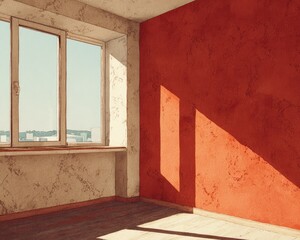 Obraz premium Empty Room With City View And Sunlight Shadows