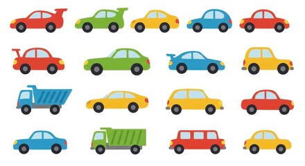 A collection of colorful cartoon vehicles, including cars and trucks, displayed in a grid pattern on a white background.