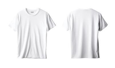 Naklejka premium Front and back view of a plain white t-shirt. A blank, white, short-sleeved shirt displayed. The shirt is shown from both sides, with a clean, simple design