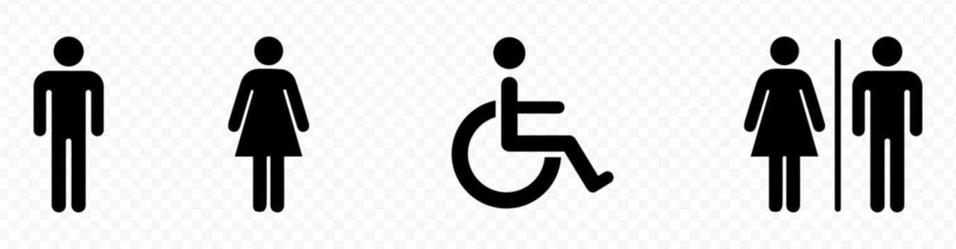 Washroom signs. Restroom or toilet door sign set containing gents, ladies, disabled, baby changing. Printable sticker. Transparent vector illustration.