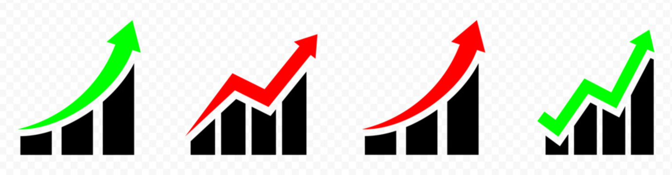 business growth chart with arrow, growing graph icon set. simple increase and decrease bar symbol. transparent png and vector illustration.